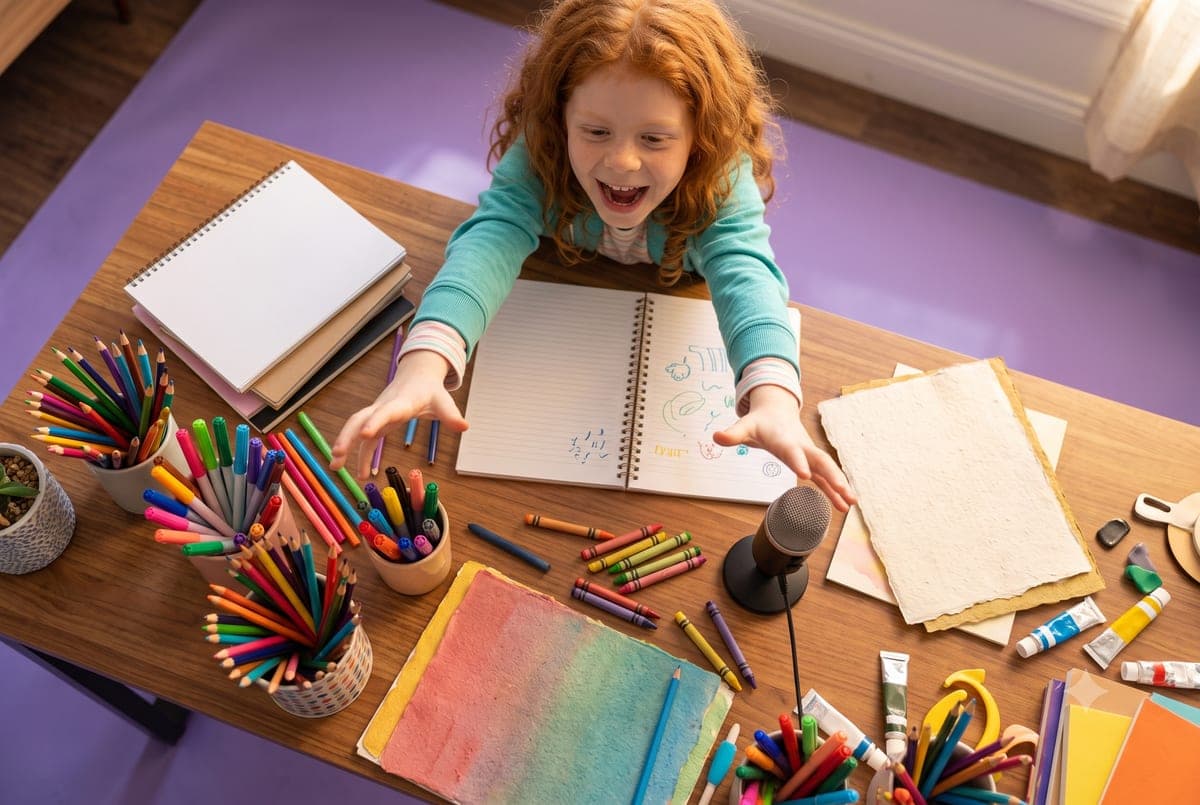 A child reaching for a notebook and microphone on a desk full of art supplies and drawings
