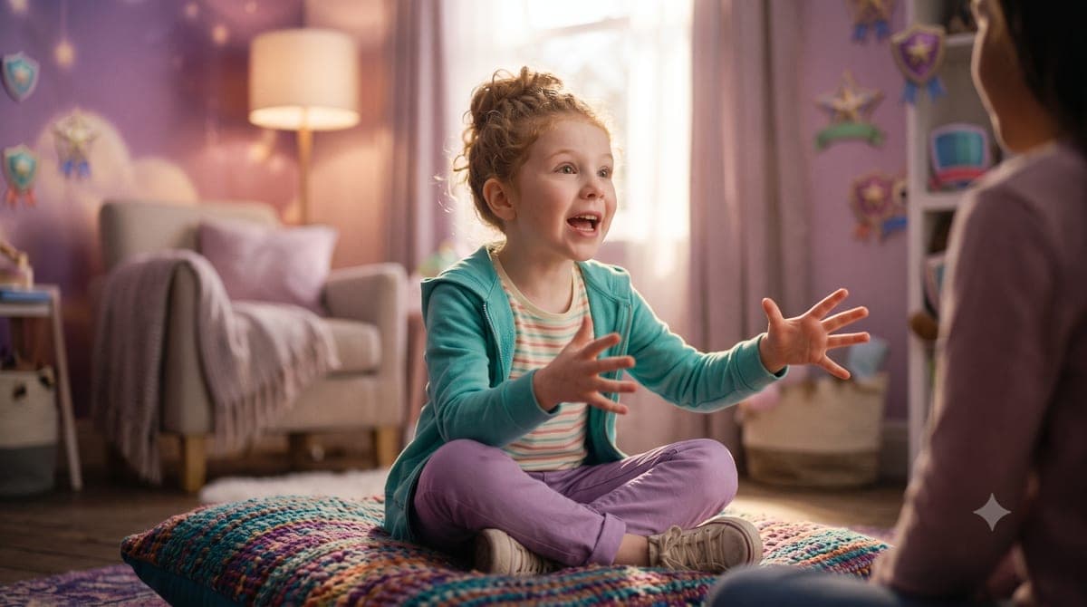 A child speaking excitedly with both hands raised, in a warm purple-toned room