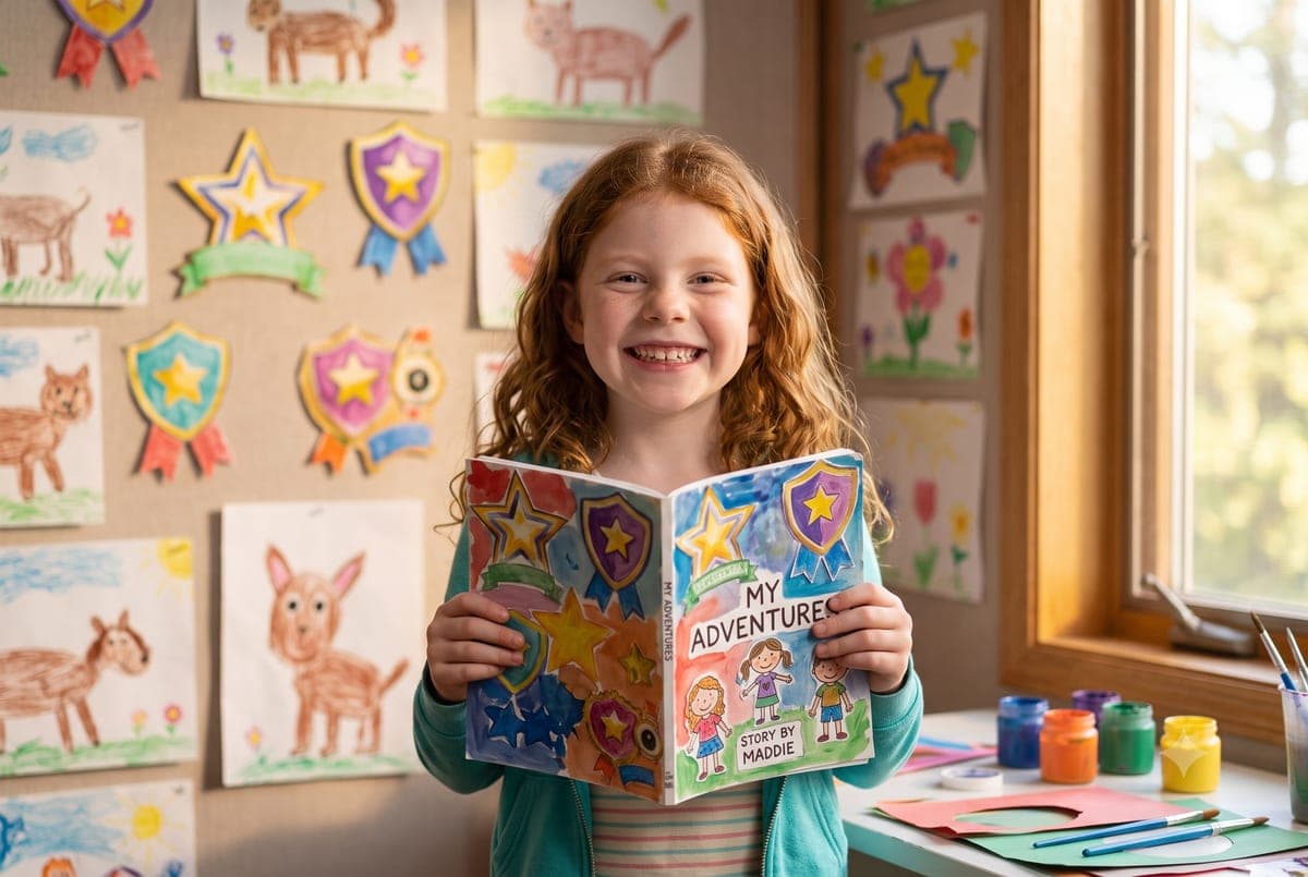 A child proudly holding up a handmade storybook of her own adventures