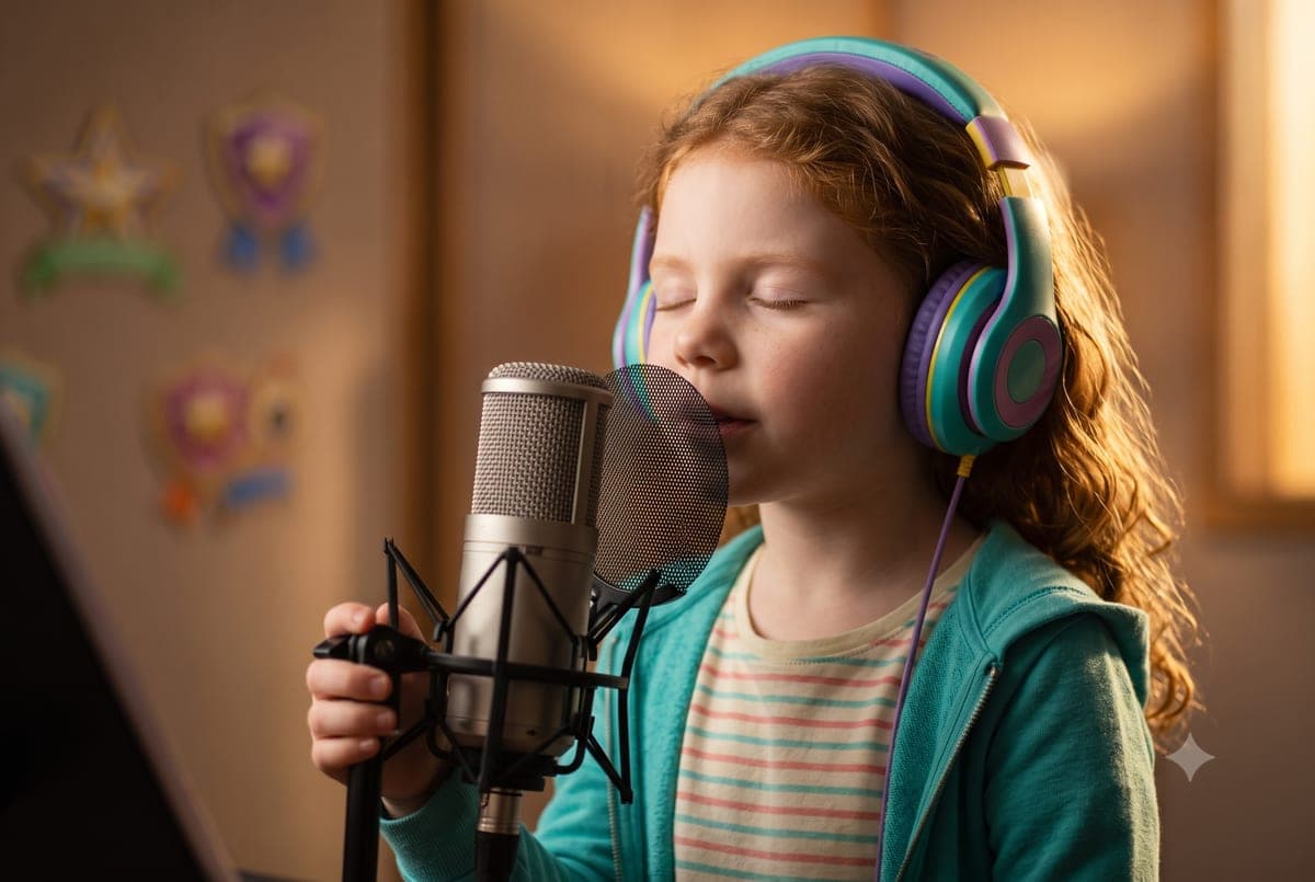 A child wearing headphones, speaking into a microphone with eyes closed, fully focused on recording