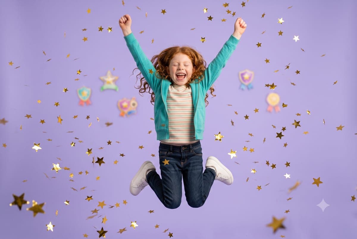 A child jumping joyfully with arms raised, surrounded by falling gold stars