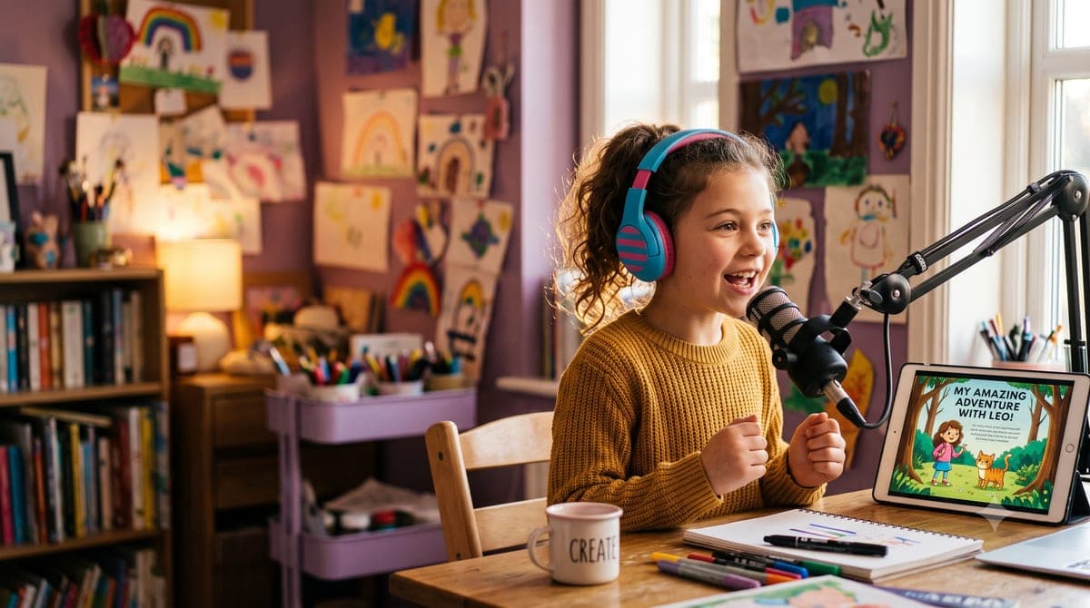 A child speaking into a microphone next to a tablet showing her finished illustrated story